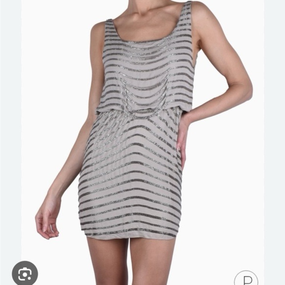 Alice + Olivia Silk Gabby Blouson Silver Beaded Striped Taupe Mini Dress $595